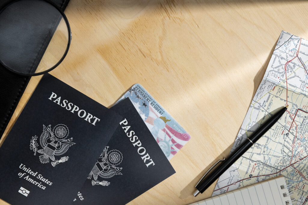 top view green cards passports